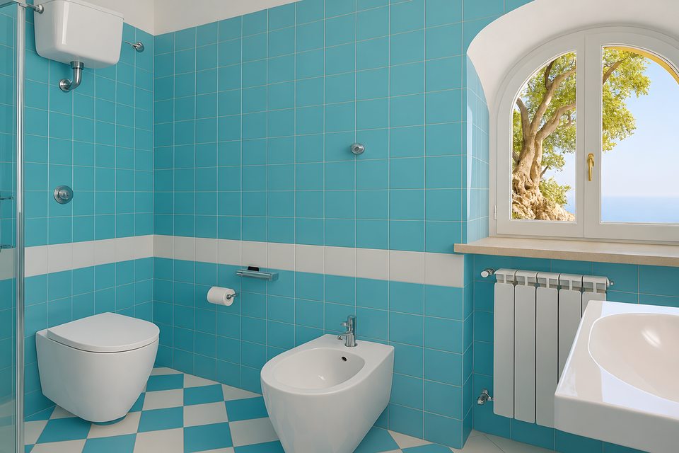 Bagno con maioliche azzurre e doccia