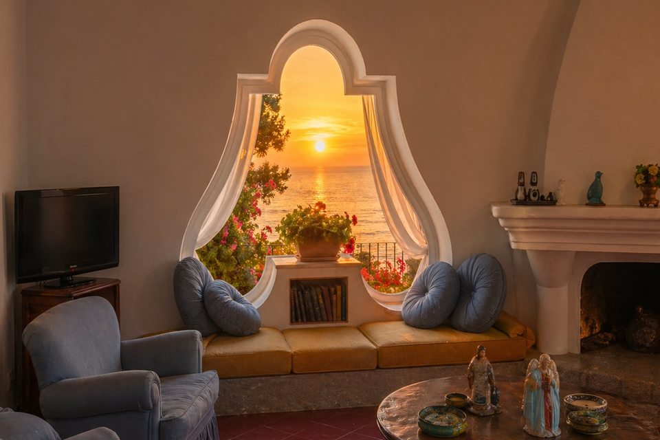 Salotto con finestra verso il tramonto